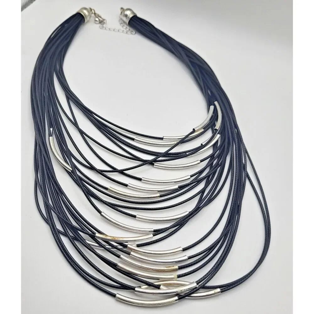 Minimalist Vintage 90s Multistrand Silver Black Bohemian Necklace 26in